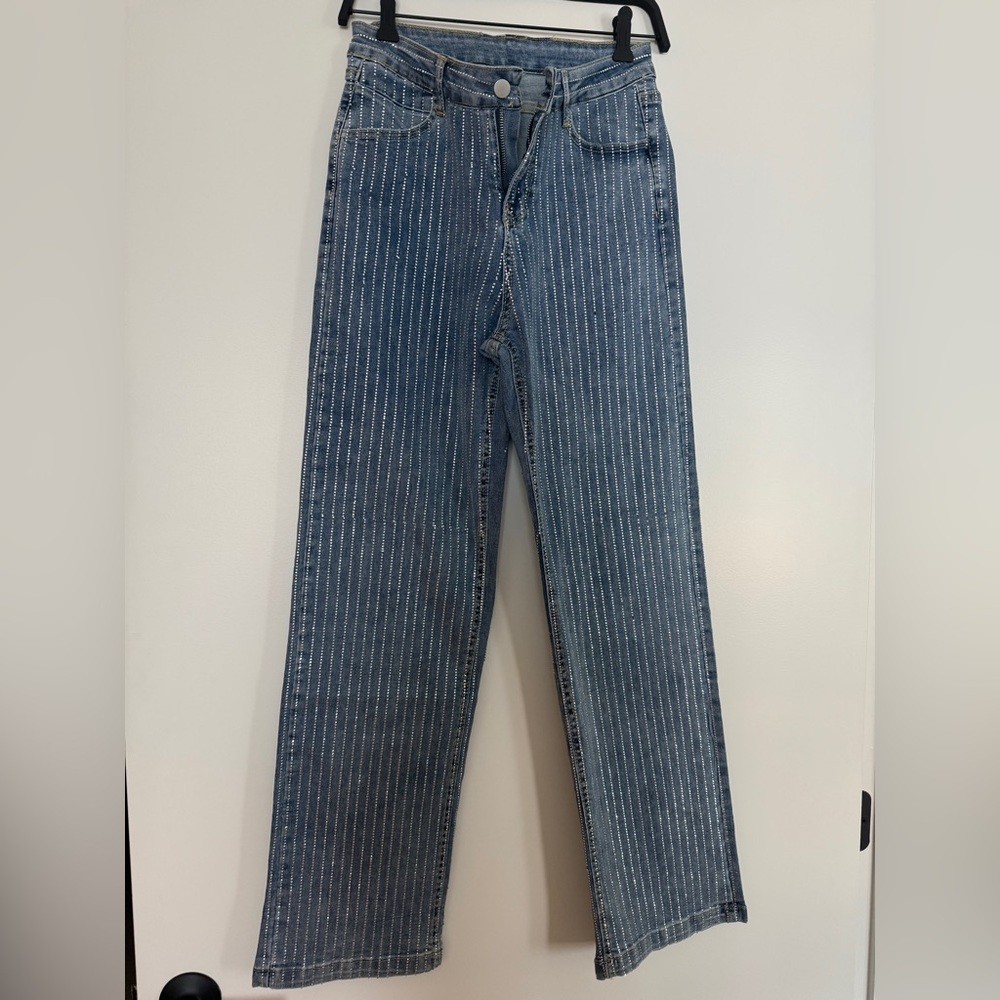 Rhinestone Striped Blue Jeans
